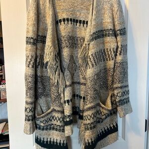 CAbi Multicolor Patterned Cardigan with Fringe